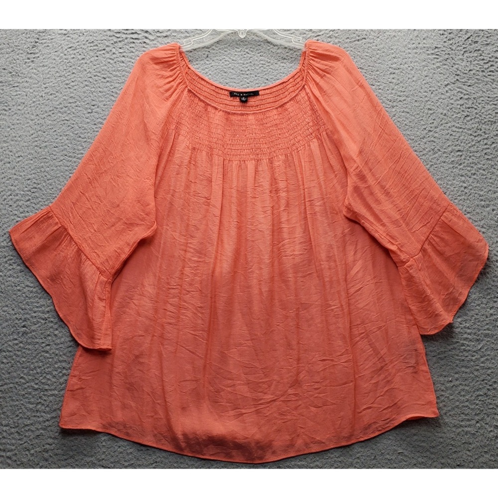 Zac & Rachel Boho Blouse Top Womens XL Orange Flutter Sleeve Smocked Detail